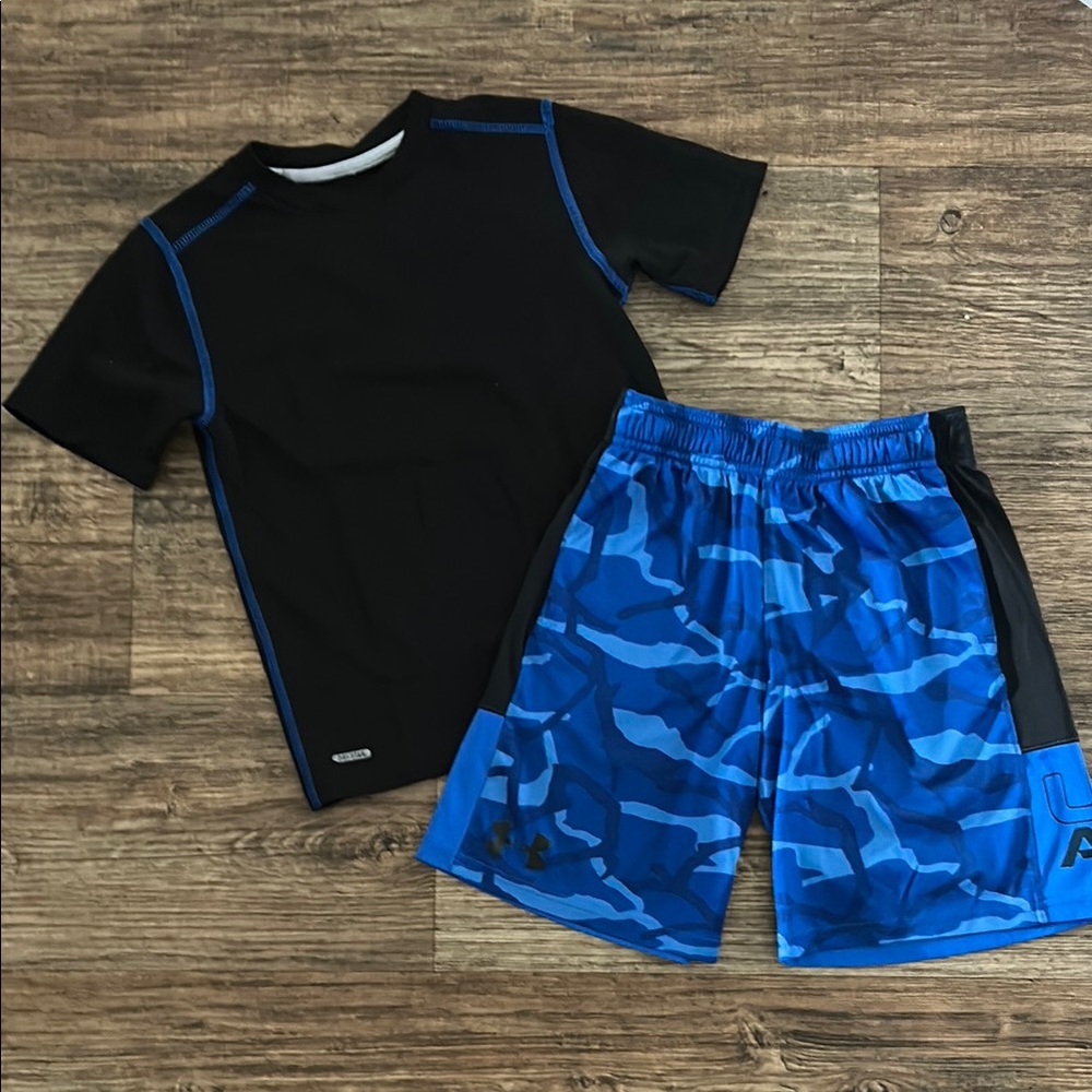 Under Armour Black and Blue Athletic Shirt (Starter) and Shorts
